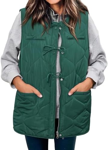 ECOWISH Puffer Vest Women 2025 Sleeveless Quilted Jacket Bow Button Zip Up Fall Winter Coat Padded Gilet Outerwear