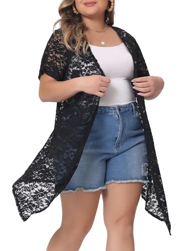 Image of Agnes Orinda Plus Size Lace Crochet Cardigan for Women Open Front Short Sleeves Sheer Cover Up Jacket