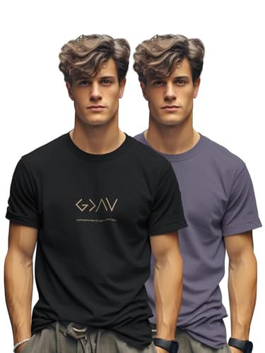 Image of BULLMER Trendy Printed Cotton Blend Crew Neck /Round Neck Half Sleeve Tshirt for Men- Pack of 2