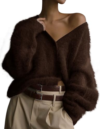 Image of COZYPOIN Womens Fuzzy Cardigan Sweater V Neck Button Down Soft Knit Coat | Loose, Comfy, Slouchy Drop Shoulder, Long Sleeve Fluffy Mohair, Warm, For Daily Work Holiday, Spring Fall Winter Fashion