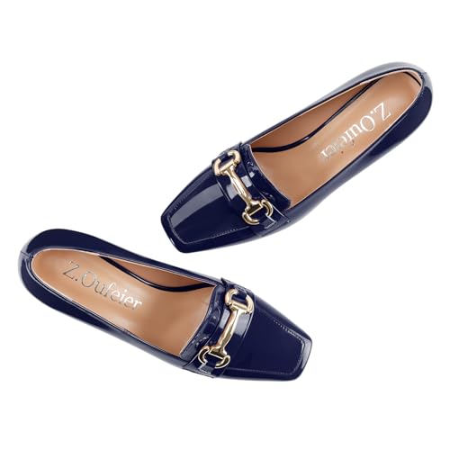 Image of Womens Mid Block Chunky Heeled Loafers Closed Square Toe Patent Leather Comfortable Slip On Pumps Metal Chain Basic Classic Casual Work Office Dress Shoes 2.8 Inches Heels