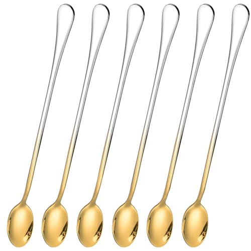 Favuit Latte Spoons Set of 6, 9 inch Long Handle Teaspoons Stainless Steel Coffee Spoons Mixing Ice Cream Stirring Spoon Dishwasher Safe Ideal for Latte Coffee Hot Chocolate Dessert Ice Cream (Gold)