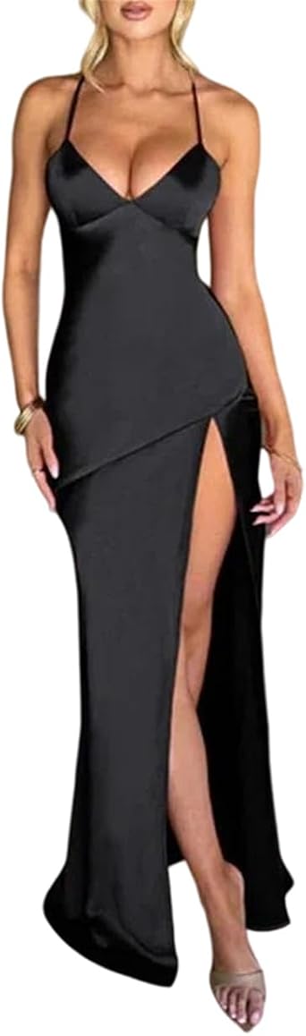 Women Lace Up Backless High Split Dress Sweetheart Neck Slim Silky Satin Dresses
