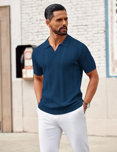 Image of COOFANDY Mens Knit Polo Shirts V Neck Textured Polo Shirts Short Sleeve Breathable Polo Casual Collared T Shirt Fashion Tops