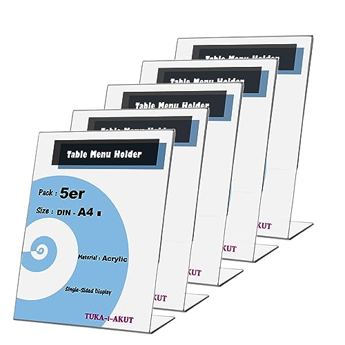 TUKA 5x Expositor de Mesa, A4 vertical, 2,5mm Acrílico Transparente, inclinado Soporte de sobremesa, Titular para Letreros de Folletos, Carteles, Fotos y Menús, Porta Carteles, TKD8200-A4-5x