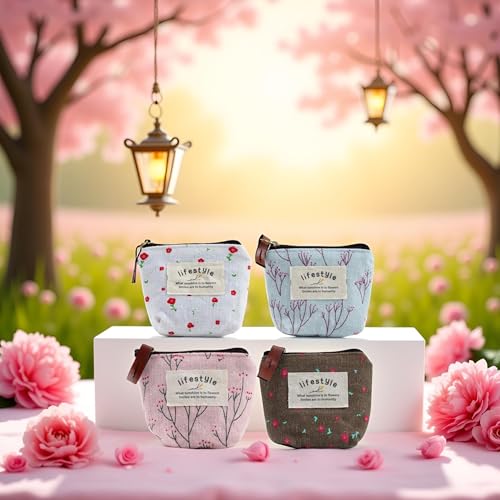 4Pcs Colour Coin Purse, Mini Canvas Change Purse Coin Pouch with Flower Pattern, Portable Purse Holder Girls with Zipper for Cash, Coin, Keys, Credit Card, ID Card Wallets and Money Organizers4