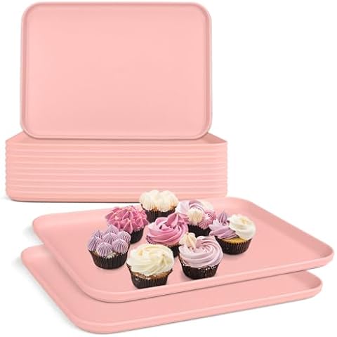 Plastic Serving Trays, 12 Pack Cafeteria Trays Plastic Fast Food Tray for DIY Projects, Painting, Beads, Organizing Supply, 9.4 X 6.7 X 0.6 Inches (Light Pink) Cover