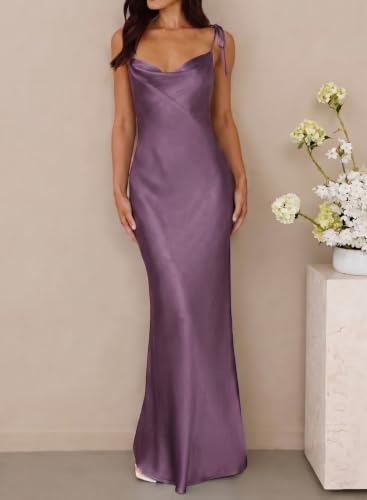 Image of 2026 Satin Cowl Neck Spaghetti Strap Maxi Dress for Women Bridesmaid | Silk,Tie Strap,Slip,Slit,Midi,Wedding Guest,Graduation,Elegant,Cocktail,Vacation,Party