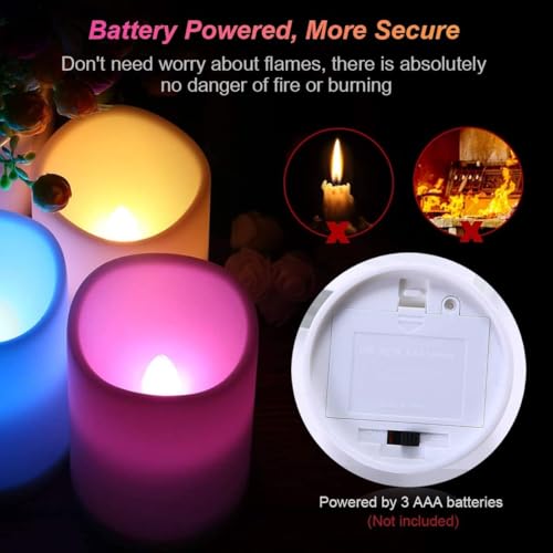 Image of LED Flickering Flameless Candles with Color Changing, Remote Control and Auto-Off Timer, 100 Hours Working Time, Battery-Operated.Multi-Color(Multi-Colored, 4(h)*2.5(d) in 3 Pack)