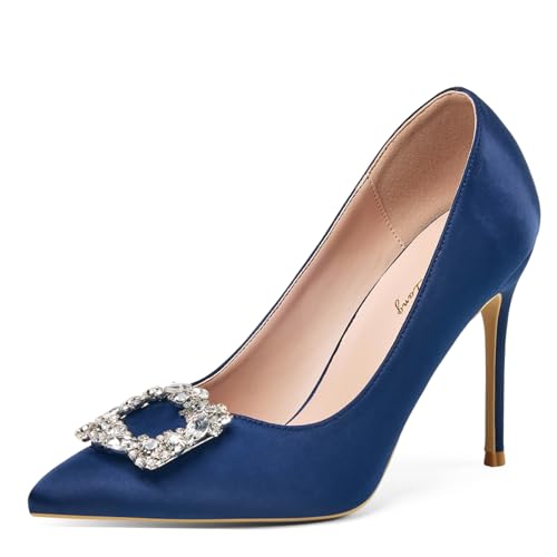 Elisabet Tang Women's Pumps 4 Inch Satin Glitter Rhinestone Heels for Women High Heels Closed Pointed Toe Slip on Party Wedding Shoes Navy Blue 8