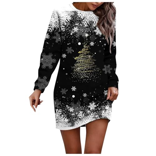 Celucke Weihnachtskleid Damen Pulloverkleid Weihnachts Sweatshirt Rock Rundhals Weihnachtskleider mit Rot Weinglas Muster Minikleid Große Größen...