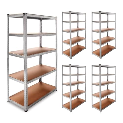 DASCK - Pack de 5 Estanterías Almacenaje Metálicas Galvanizadas 180x90x40 cm | 5 Baldas de MDF | 875kg de Carga | Estantería Industrial para Garaje, Trastero, Taller, Oficina, Almacén