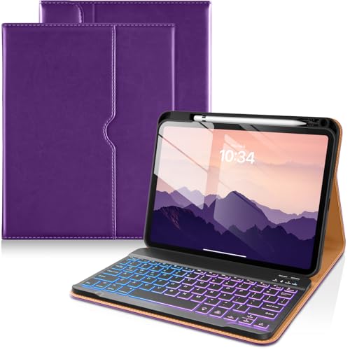 Image of DTTO for iPad 11th (A16) / 10th Generation Case with Keyboard (2025 /2022), 7 Colors Backlit Wireless Detachable Keyboard Leather Folio Cover with Pencil Holder & Pocket, Deep Purple