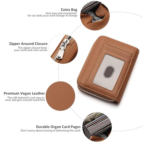 Image of GOIACII Womens Credit Card Holder Wallet Zip RFID Blocking Card Case Wallets Compact Size with ID Window Brown