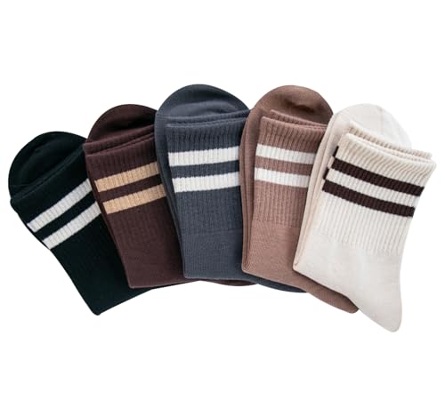 Image of Deeorla Womens Striped Crew Socks Brown Vintage Retro Athletic Socks 5 Pairs