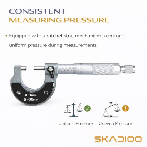 Image of SKADIOO Micrometer 0-25mm, 0.01mm Precision Measurement Tool - Outside Micrometer with Ratchet Stop, Carbide Anvil, High Accuracy Machinist Tool for Metalworking & Engineering