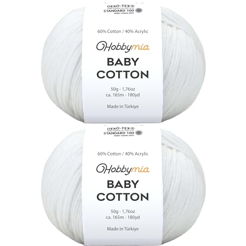 Image of Baby Cotton Blend Yarn - Soft Sport Weight Yarn for Crochet & Amigurumi - 50g /180yds - 60% Cotton 40% Acrylic - Ideal for Baby & Knitting Proj.(White, 2 Balls)