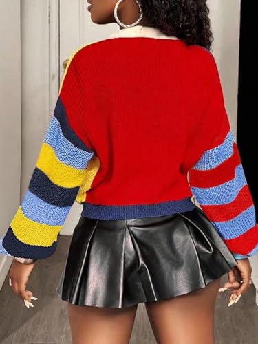 SHENHE Women's Color Block Knit Cardigan Open Front Button Down V Neck Cropped Sweater Knitwear2