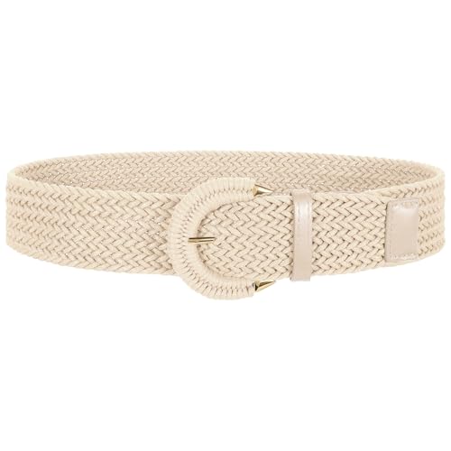 SANSTHS Women Wide Woven Belt for Dresses Fashion Rattan Braided Waist Belt Straw Raffia Boho Belt for Jeans,beige,L
