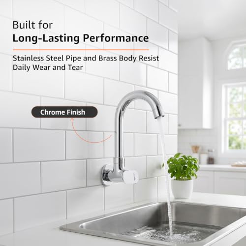 Image of Amazon Basics Round Kitchen Faucet | Cold-Only Single Lever Sink Tap with 360 Degree Swivel Spout | Aerated Water Flow | 15mm / 1 /2 BSP | Kitchen Use [Chrome]