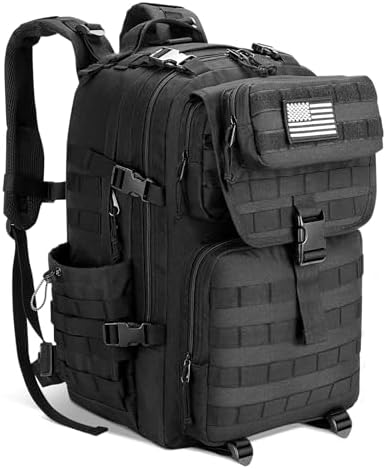 EZshoot Tactical Backpack, 45L Heavy Duty Military Backpack for Men, Army Molle 3 Days Assault Pack Bug Out Bag, Large Military Gear Travel Hiking Camping Sports Rucksack with Bottle Holder, Black