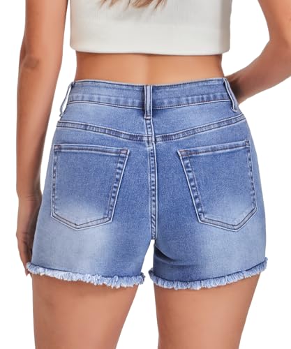 Image of VIPONES Women Mid Rise Jeans Shorts Frayed Raw Hem Summer Stretchy Casual Denim Shorts