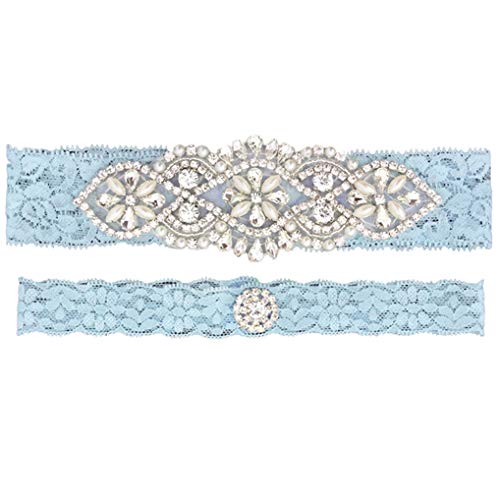 Eliffete Blue Bridal Lace Garter Set With Rhinestones For Bride Toss Away Garter #TOP12