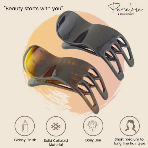 Parcelona French Simply Bear Cub Paw Set Of 2 Tortoise Shell And Black Celluloid Medium Side Slide In Jaw Yoga Hair Claws Clips #TOP1