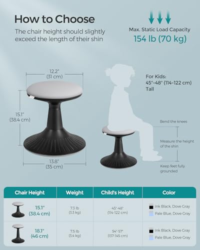 Image of SONGMICS Kids Wobble Chair 5-8Y, Active Sitting Stool with Focus Support, 15.1 inch Height 154 lb Capacity, Anti-Slip Base Tool-Free Assembly, Ink Black and Dove Gray UOSC009B01