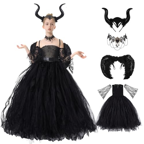 Herenear Disfraz Malefica Niña, Juego de Diablo Con Cuernos, Alas Negro, Collar y Vestido de Bruja Malvada Sin Mangas Para Fiestas Temáticas, Carnaval y Halloween