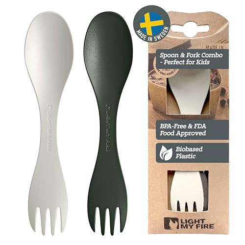 Light My Fire Spork Little 2-in-1 Durable Kids Cutlery Set 3 Year Old 2-Pack Reusable Travel Toddler Cutlery Set BPA-Free Easy-to-Use Picnic Sporks Plastic Camping Accessories On-the-Go Green/Cream