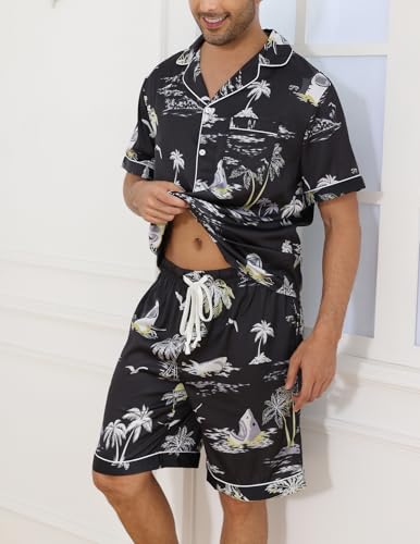 Veseacky Mens Silk Satin Pajamas Set Short Sleeve Sleepwear Button-Down Pjs Sets Two-Pieces Loungewear with Pockets S-XXL3