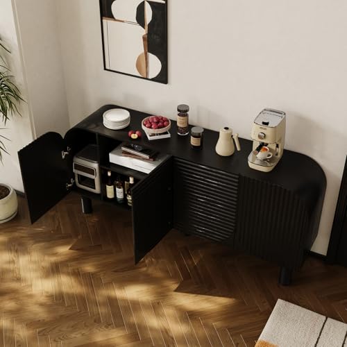 Image of 71 inch Curved Sideboard Cabinet with Storage, 4-Door Buffet Credenza,Black