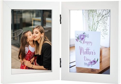 Frametory, 5x7 Double Picture Frame Hinged Photo Frames Two Folding Frame Desktop Glass Frame Vertical (White, 5x7 Double)