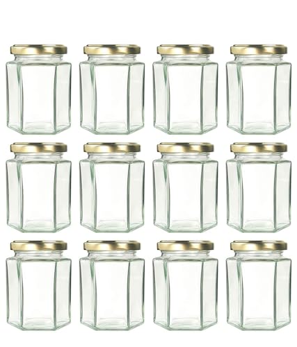 Image of Favola Essentials Hexagonal Lug Glass Jar, Gold Lid, 250 ml, Set of 12, Clear
