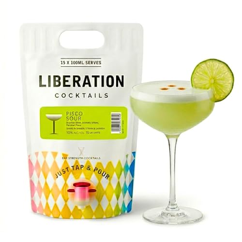Liberation Cocktails Pisco Sour Cocktail 1.5L Pouch Ready To Drink Cocktail Made with Real Fruit Classic Peruvian Pisco Low Calories and Low Sugar 10% ABV 15 Serves