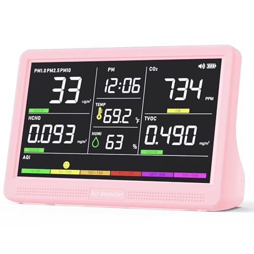 Image of Professional Indoor Air Quality Monitor with 7X AQI Beep Alarms,16 in 1 Portable Real-Time Detector for PM2.5 | PM10 | CO2 | TVOC | HCHO | Temp | Hum for Home Cars Plants Pets (Pink)