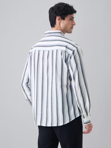 Image of The Souled Store Cotton Linen Stripes: Ashen Men and Boys Long Sleeve Spread Collar Button Front Green Striped Regular Fit Easy to Dress Officewear Casual Cotton Linen Shirts