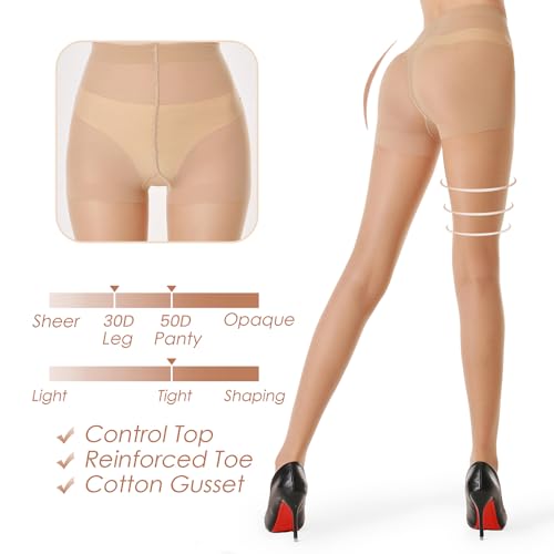 G&Y 2 Pairs Women's Lycra Sheer Tights - 30D No Rip Control Top Pantyhose with Reinforced Toes4