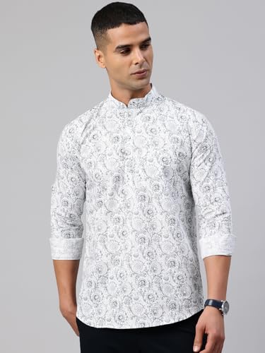 Image of Majestic Man Men's Pure Cotton Printed Mandarin Collar Regular Fit Roll-Up Sleeves Short Kurta