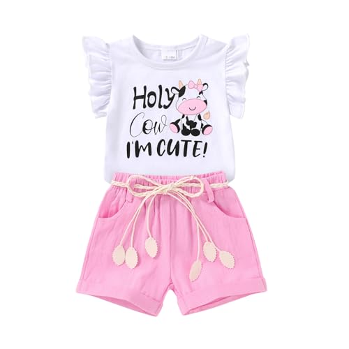 Happy Town Toddler Baby Girl Summer Clothes Ruffle Sleeve Cartoon T Shirt Linen Short Sets with Belt Cute Outfits