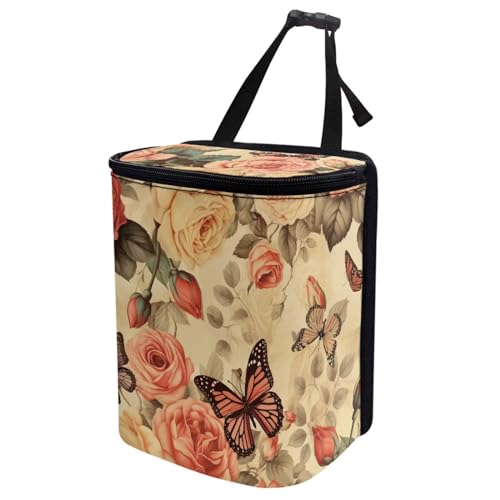 Image of Rose Car Trash Can Hanging,Vintage Rose Floral Butterfly Auto Garbage Bag with Lid Seat Leak Proof Easy to Install Universal Fit Most Vehicle Back /Front /Console of Any Cars,Rose Car Accessory