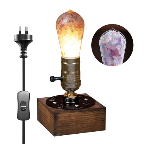 Lamptobe E27 Vintage Wooden Table Lamp Base Industrial Edison Desk Lamp Holder with UK Plug, Rustic Bedside Desk Lamps for Cafe Bar Bedroom Living Dining Room Decoration (Bulb Not Included)