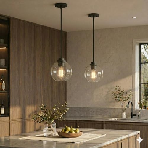 OUVR Pendant Light – 7 Inch Modern Hanging Fixture with Clear Glass Globe & Matte Black Finish, Adjustable Iron Rods & Sloped Ceiling Compatible for Kitchen Island Dining Room Bedroom Hallway, 2 Pack