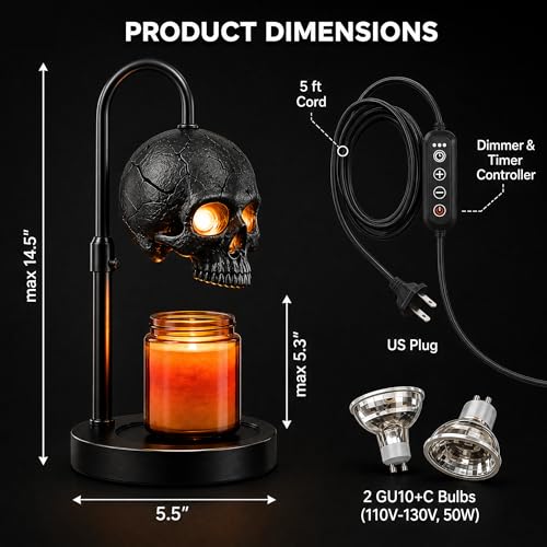 Skull Candle Warmer Lamp with Timer & Dimmer, Black Gothic Candle Warmer | with Timer & Dimmer, Adjustable Height, No Flame Safe Scent Diffuser, Halloween Goth Home Decor - image 2