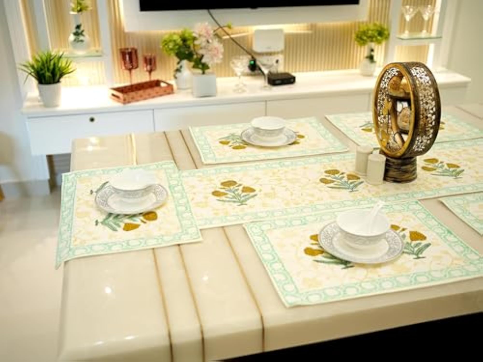 Mustard Blooms Block Paint Table Runner, 13 x 72 Inches