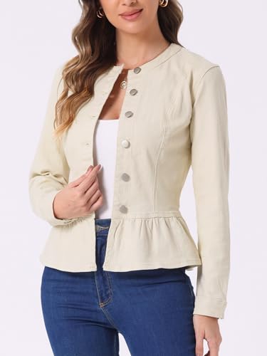 Allegra K Women's Peplum Denim Jackets Collarless Round Neck Button Down Cropped Ruffle Hem Jacket2