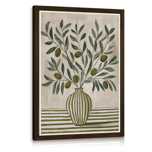 Dynazo Wood Framed Mediterranean Olive Wall Art, Rustic Farmhouse Botanical Wall Decor, Green Olive Branch Poster Print, French Country Kitchen Artwork for Dining Room Living Room 16x24 Inch