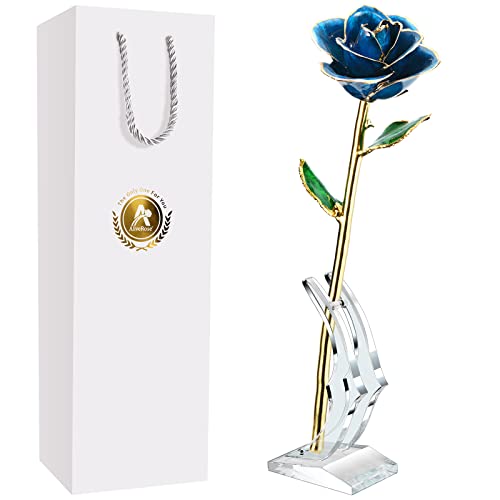 AliveRose 24k Gold Dipped Rose Made from Real Rose - Unique Design Gold Plated Rose for Anniversary Valentines Mothers Day Birthday Gifts (Blue with Stand)