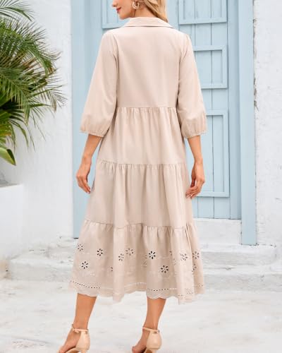 Image of Women Button Down Maxi Shirt Dress Long Sleeve Flowy Tiered Collared Dresses with Pockets